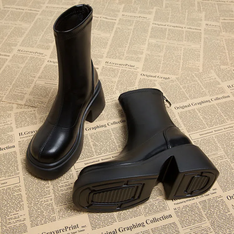 英伦风厚底弹力马丁靴女2025年春秋新款韩版时尚后拉链高跟瘦瘦靴