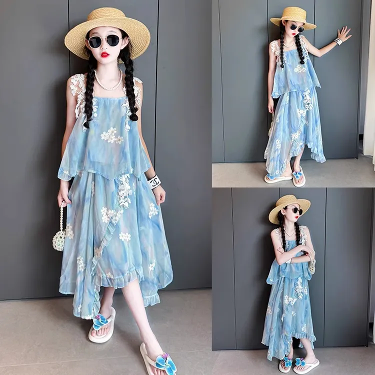 女童海边度假裙子套装夏季2025新款女大童高级感吊带沙滩裙两件套