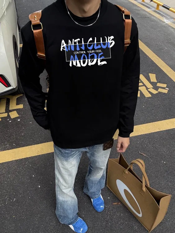 ANTI美式字母印花长袖束口打底衫潮牌百搭宽松重磅纯棉上衣男