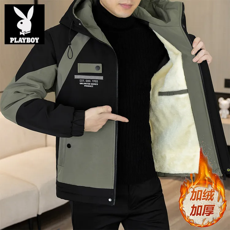 花花公子秋冬季新款加绒加厚男士保暖棉衣连帽中青年韩版时尚外套