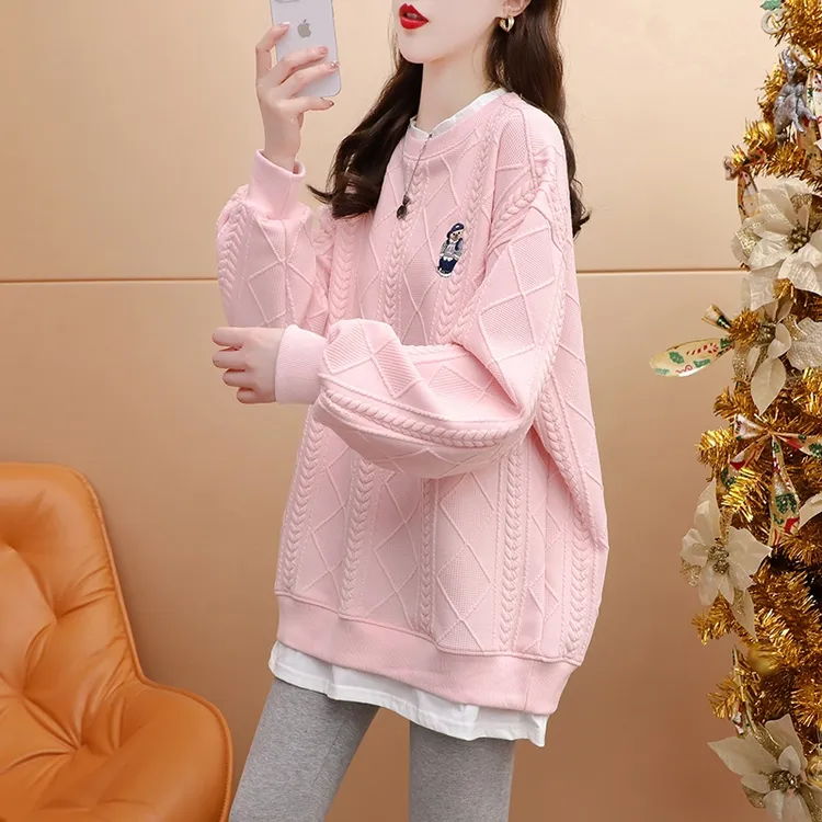 粉色假两件薄款卫衣女2025春秋新款宽松休闲网红中长款设计感上衣