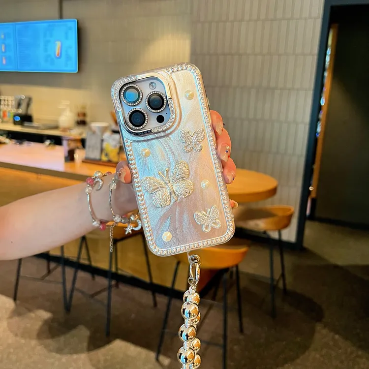 蝴蝶结琉璃流沙闪钻边框适用于iPhone16ProMax苹果15手机壳14/13