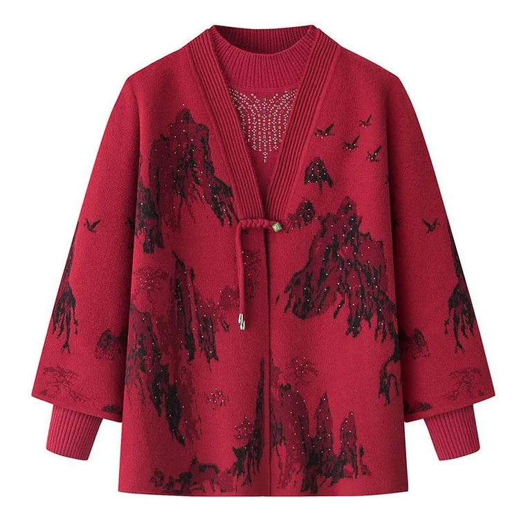 妈妈唐装两件老年人秋冬装女外套毛衣开衫奶奶春秋套装太太衣服