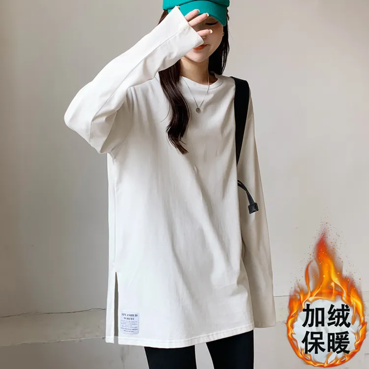 白色保暖加厚大白T圆领宽松中长款遮臀女秋冬打底衫内搭长袖上衣