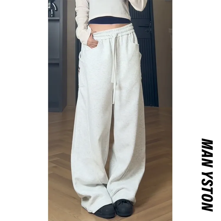 美式抽绳休闲阔腿弯刀卫裤百搭男女同款日常设计感秋冬款宽松运动
