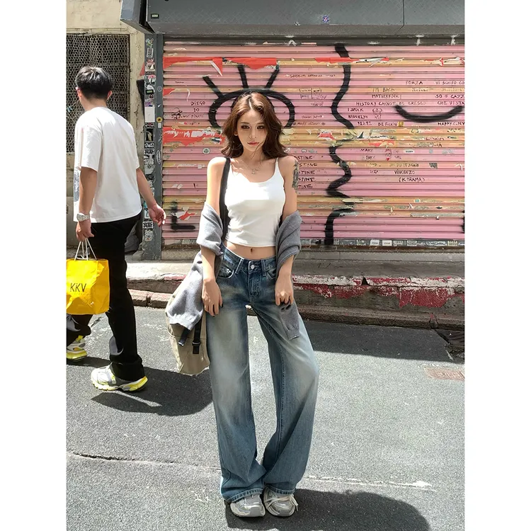 血色樱桃阔腿裤女2025秋季新款设计感低腰纯欲复古港风拖地牛仔裤
