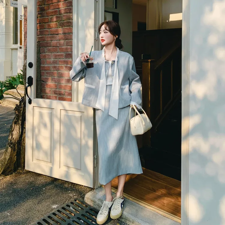 韩系ins通勤风系带外套半身裙2025春秋新款简约气质千金风套装裙
