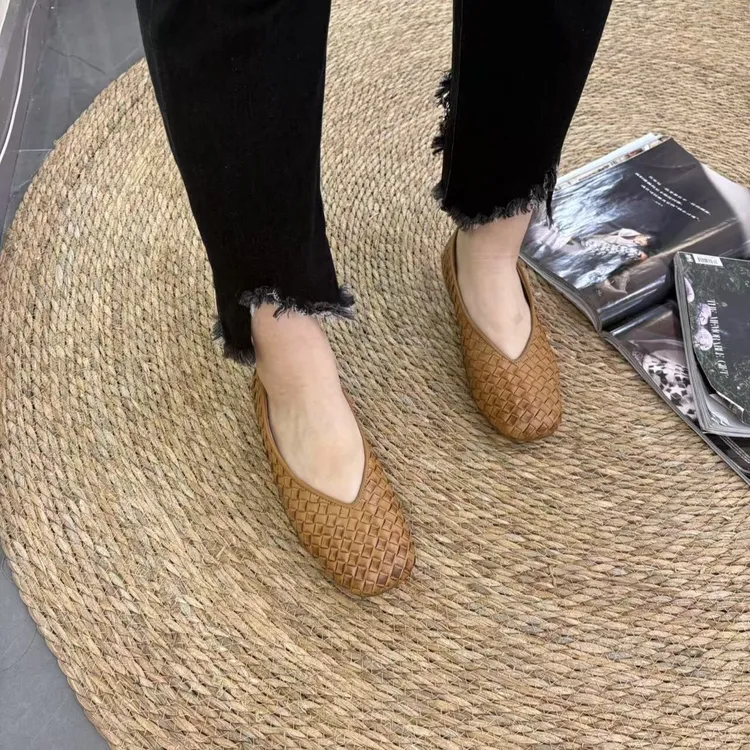 手工头层牛皮编织复古浅口软底四季气质真皮单鞋女1683-2