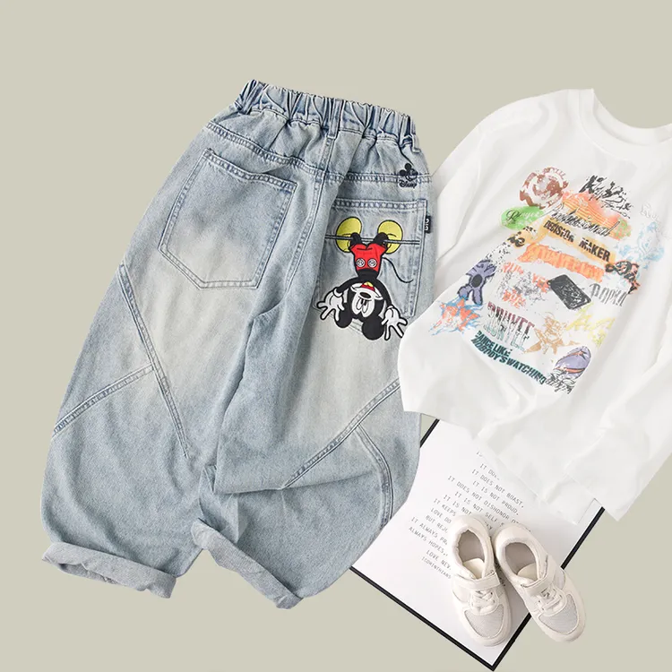 吴小越w1055男童春款刺绣蓝色牛仔裤新品痞帅男孩新款韩版长裤