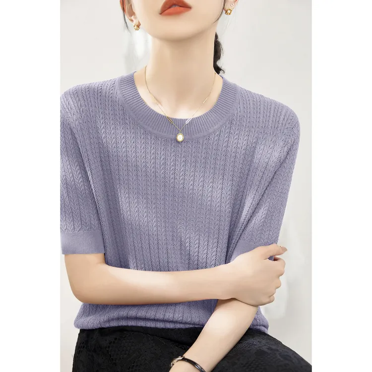 夏季2025新款圆领短袖宽松显瘦t恤针织衫薄款透气提花设计上衣女