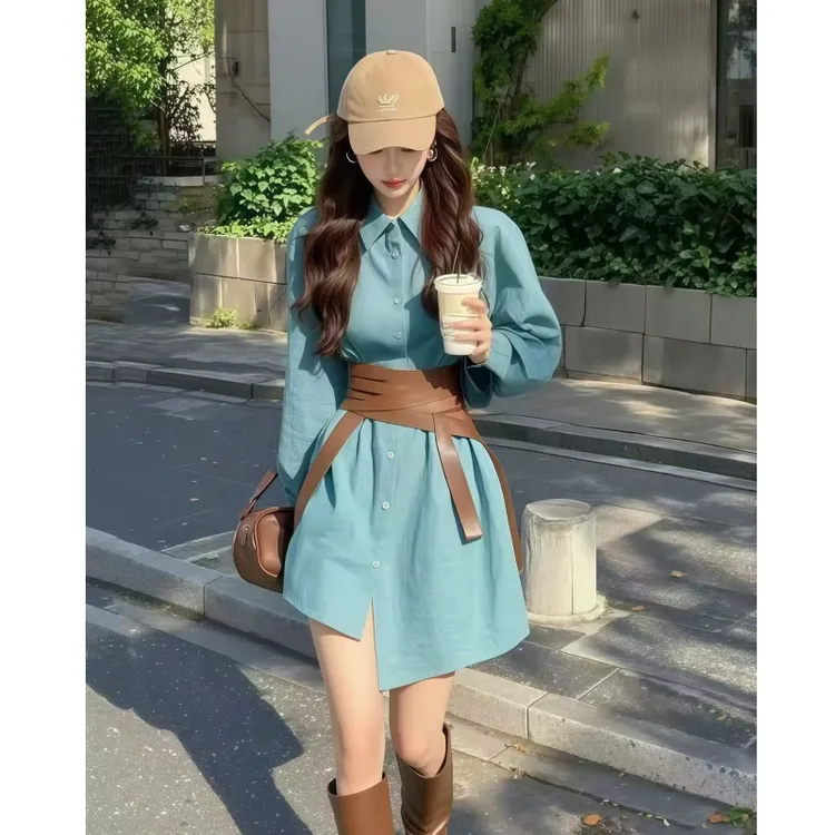 裙子女款爆款2025新款高级感气质显瘦长袖时尚收腰设计感衬衫裙子