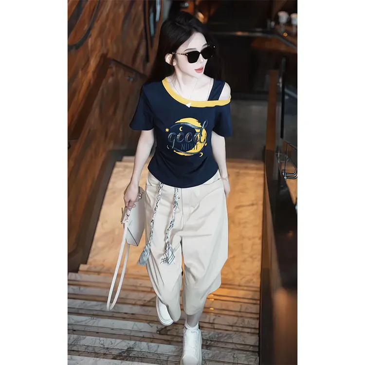 2025年夏季减龄撞色斜领短袖t恤短裤显瘦显高穿搭韩版两件套装女