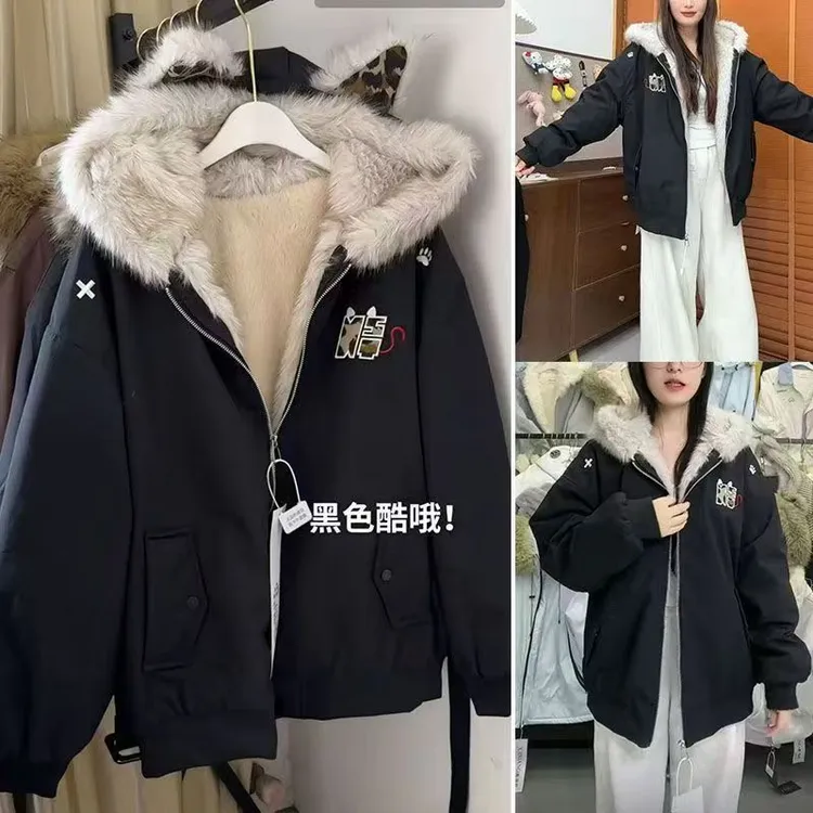 美式潮流内里全毛豹纹小恶魔棒球外套连帽保暖加厚棉服棉衣女装