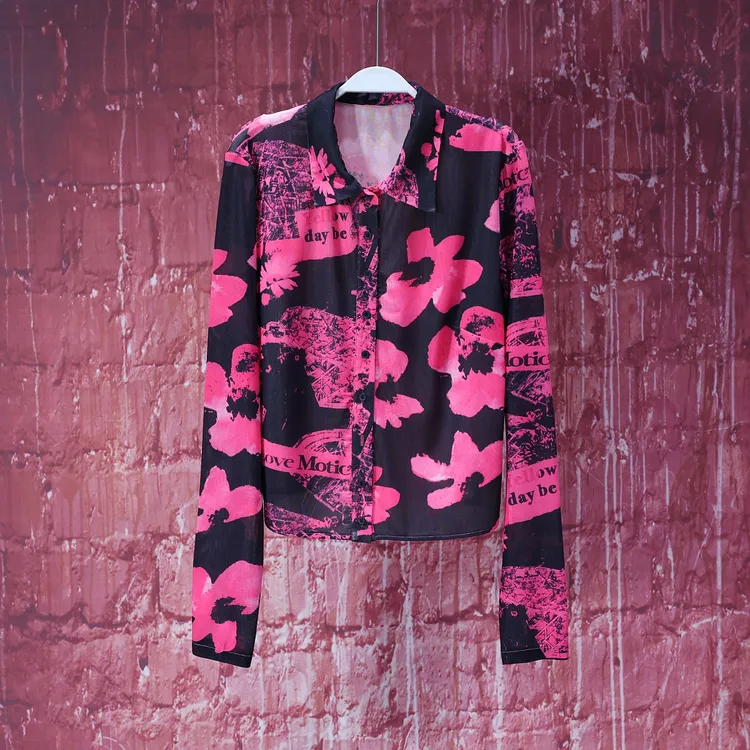 【韩哥女装】冰凉一夏 高定小众枫叶红网纱印花时尚衬衫7228A