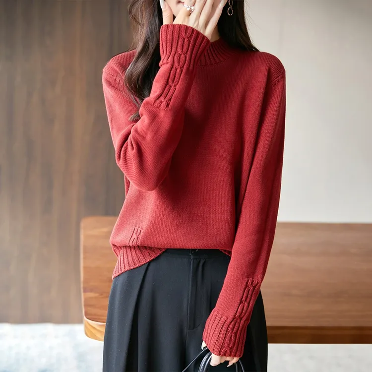 秋冬100%纯棉加厚半高领时尚针织衫长袖提花宽松显瘦打底衫