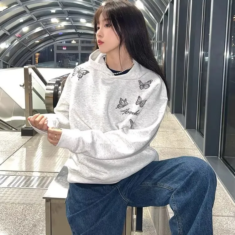灰色连帽卫衣女秋冬宽松情侣美式复古上衣春秋oversize设计感外套
