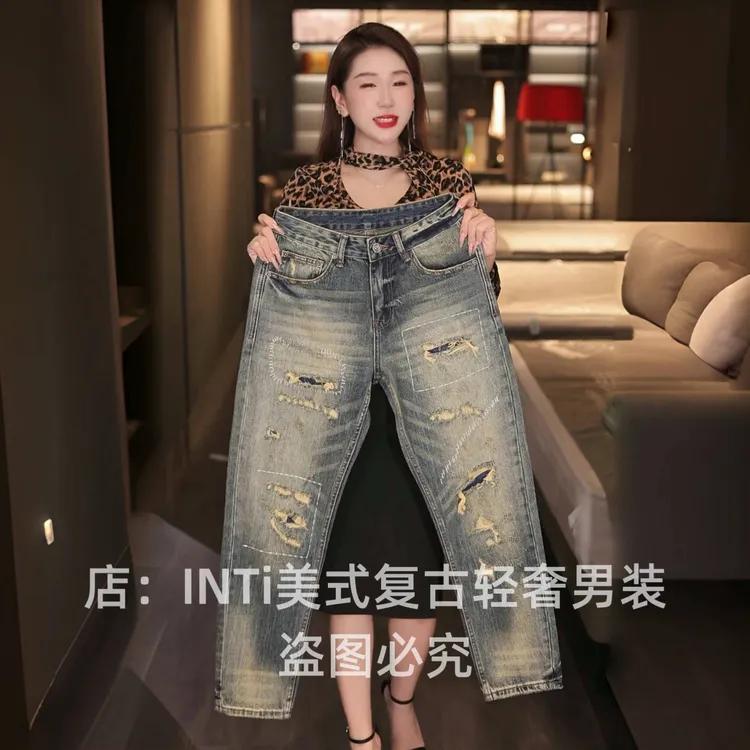 轻奢美式复古做旧破洞补丁原创高端男士牛仔裤宽松直筒阔腿裤高街