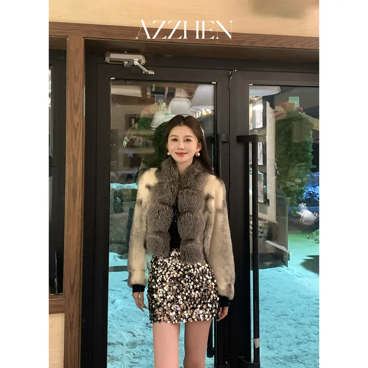 AZZHEN【莱茵漫游】紫标十字100水貂拼接狐狸气质短外套