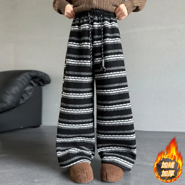 女童加绒加厚裤子冬装女大童韩版超好看阔腿裤女孩冬天条纹休闲裤