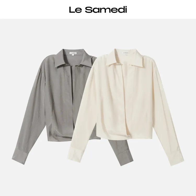 Le Samedi【玻璃晨露】霓虹琎口醋酸 Demure静奢一粒扣深V荡领衬衫