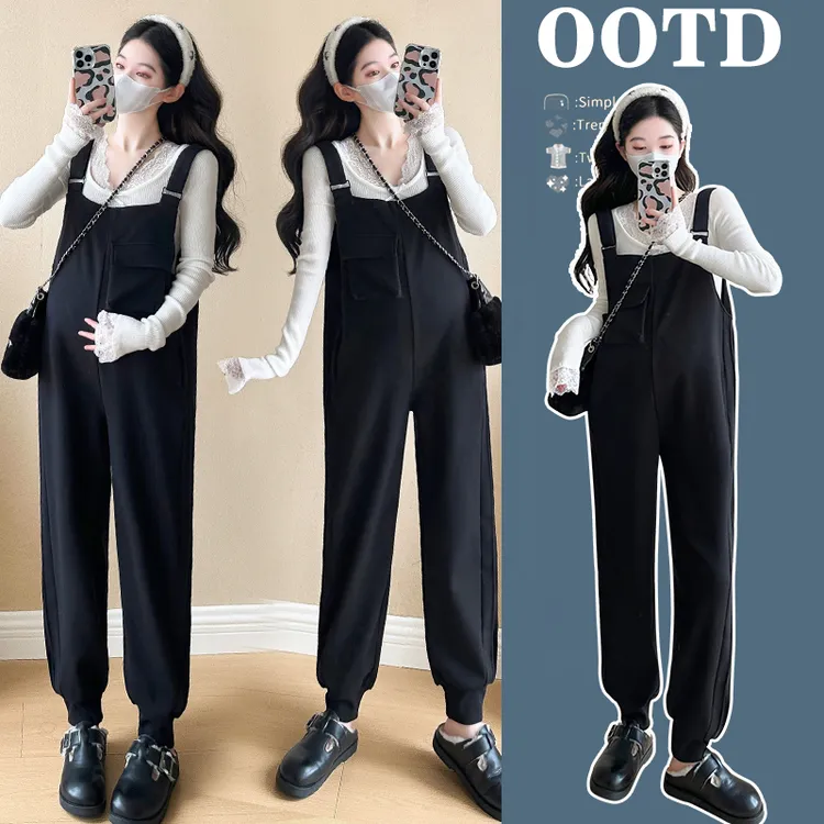 春秋新款孕妇套装时尚韩版小个子束脚背带裤洋气减龄蕾丝针织上衣