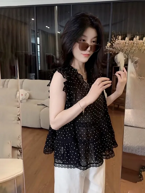 减龄木耳边气质无袖小个子上衣波点法式独特漂亮黑色雪纺衫女夏季