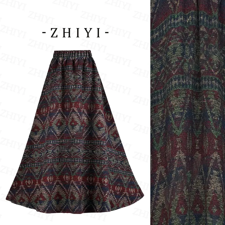 【二个裙长+羊毛呢】新中式民族印花双侧口袋时尚休闲秋冬A字大摆裙