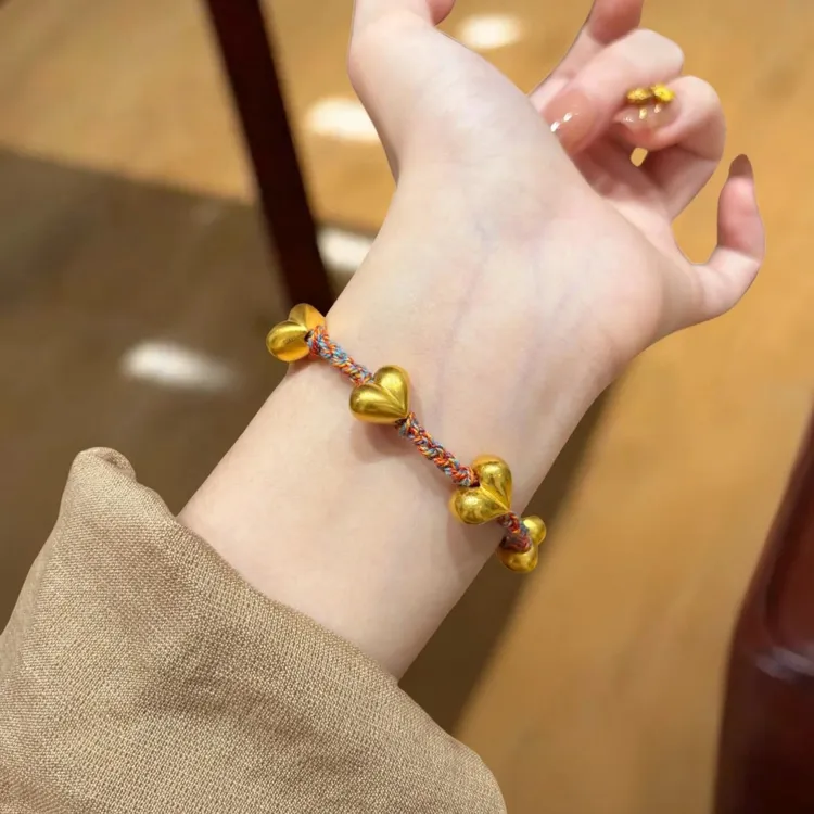 铜合金手链 手工编织感红绳手链爱心磨砂桃心豆豆串珠好运本命年