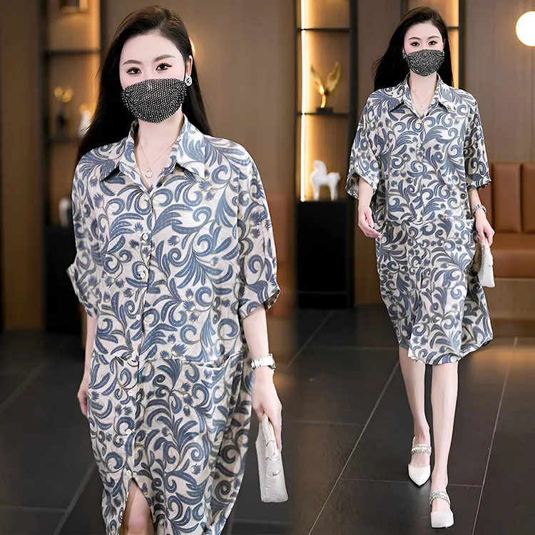 韩版大码POLO领遮肉衬衫连衣裙2025夏季新款中长款休闲宽松型裙子