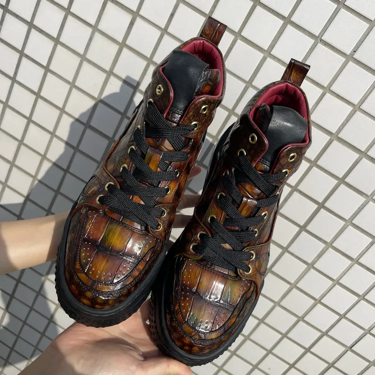 高端擦色鳄鱼皮高帮运动鞋 时尚休闲中帮系带皮靴 男士潮流运动鞋