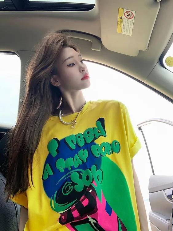 【现货】100%纯棉夏季黄色印花短袖t恤女百搭宽松设计感小众上衣ins