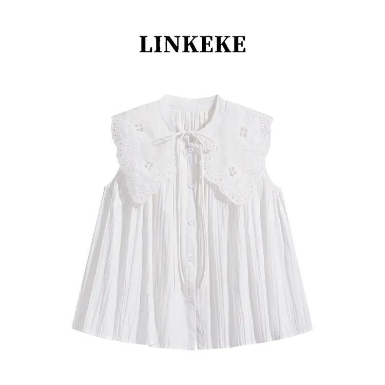 韩系减龄系带娃娃领白色无袖背心女2025夏别致独特超好看小衫上衣