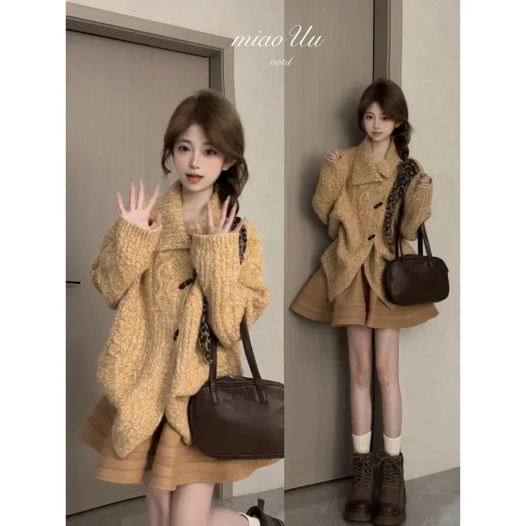 秋季穿搭女2025新款时尚设计感百搭翻领开衫气质高腰短裙两件套装