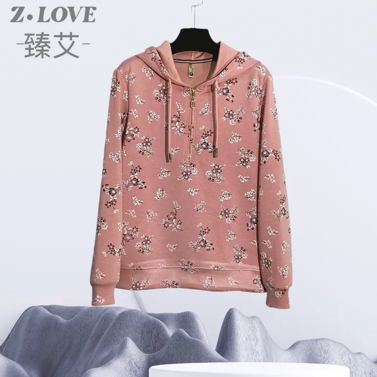【黛玉粉巴黎旧梦碎花】欧韩时尚潮流半拉练休闲长袖卫衣