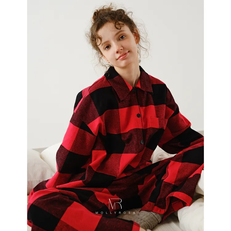 qiao显白!苹果红格子313g高克重加厚磨毛格家居服套装秋冬睡衣新