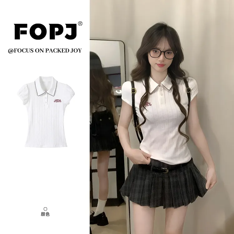FOPJ刺绣款夏季新品正肩T恤polo领修身显瘦设计感学院风短袖上衣