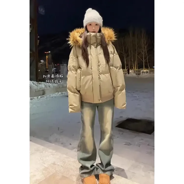 可拆卸毛领pu皮连帽棉服棉衣外套男冬季美式潮牌面包服情侣棉袄子