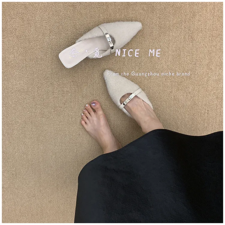 【私藏】NICE ME~法式气质毛绒包头半拖鞋女2025新款设计感小众