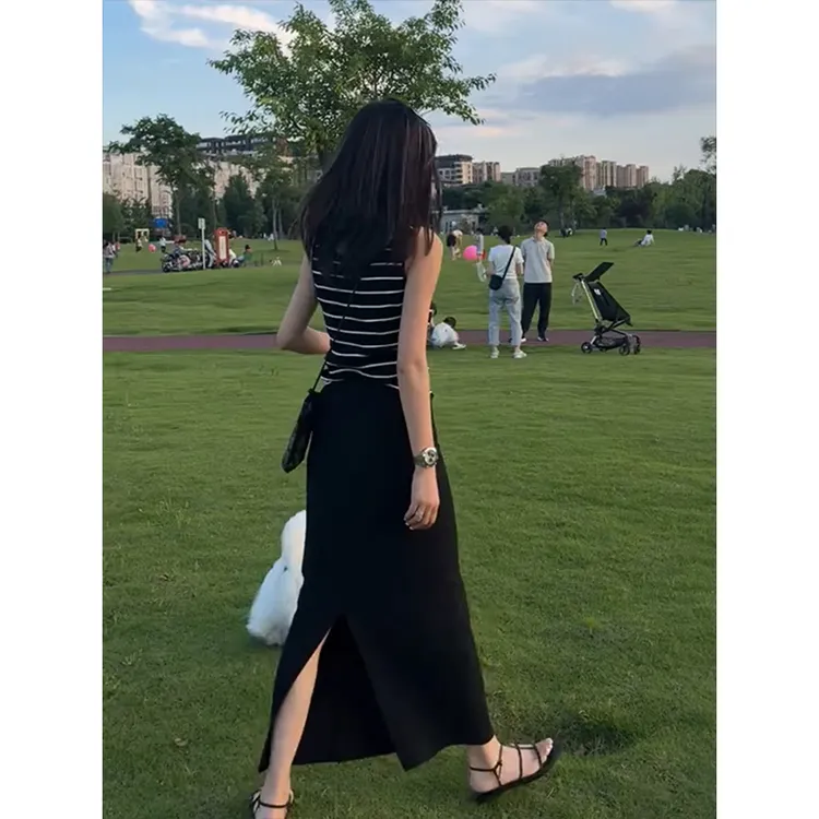 垂感冰丝西装半身裙女夏季2025新款高腰a字开叉长裙小个子一步裙