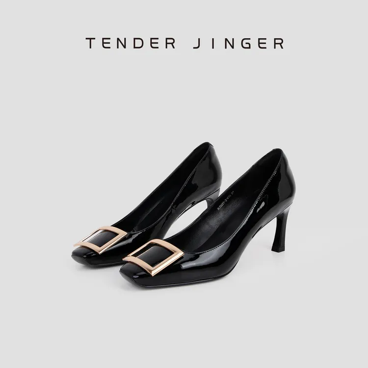 Tender Jinger｜线下专供 RV方扣亮面高跟小方头单鞋 M250615