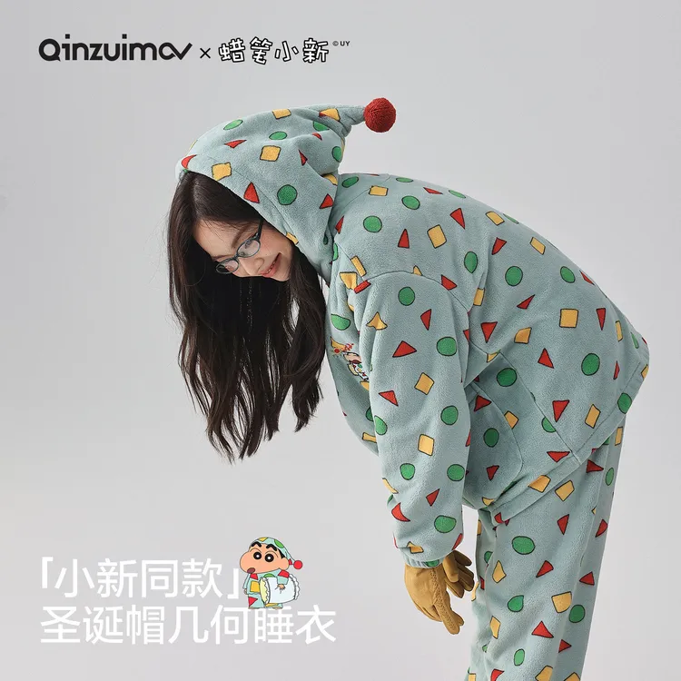 毛茸茸礼物亲嘴猫【蜡笔小新】连帽法兰绒睡衣女士秋冬季套装家居服