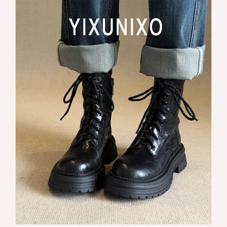 牛皮版~真皮厚底马丁靴女2025秋冬新款小个子英伦风酷飒系带短靴