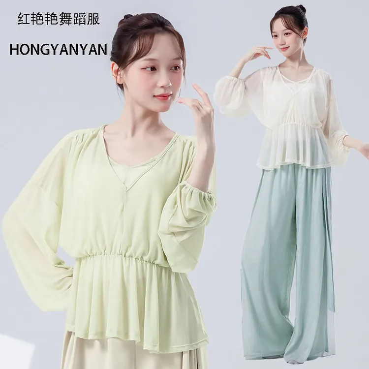 舞蹈服女秋季新款灯笼长袖双层V领假两件纱质古典舞蹈纱衣练功服