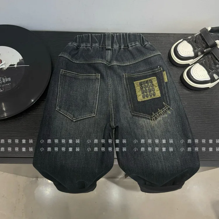【小潮童】B002男女童2023新款加绒后袋OOOO一体绒牛仔裤