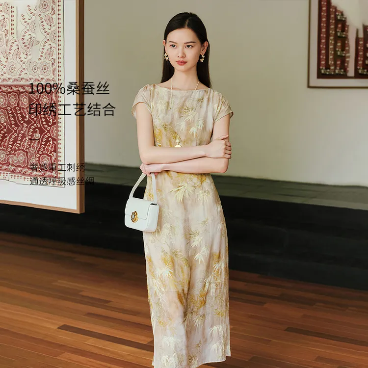 EP雅莹女装 国风印花真丝连衣裙收腰优雅裙子 2025夏季新款4603A