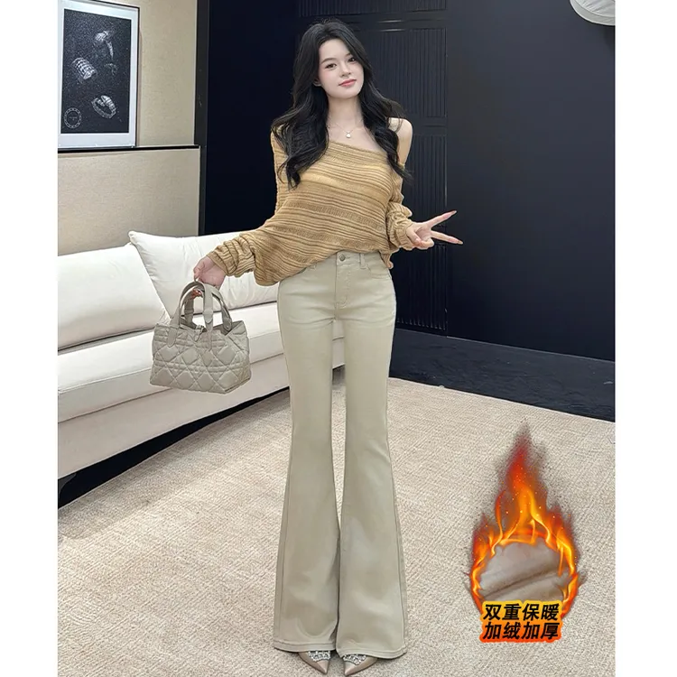 乔栈加绒老钱风卡其气质微喇牛仔裤女秋冬高腰修身小个子百搭微喇