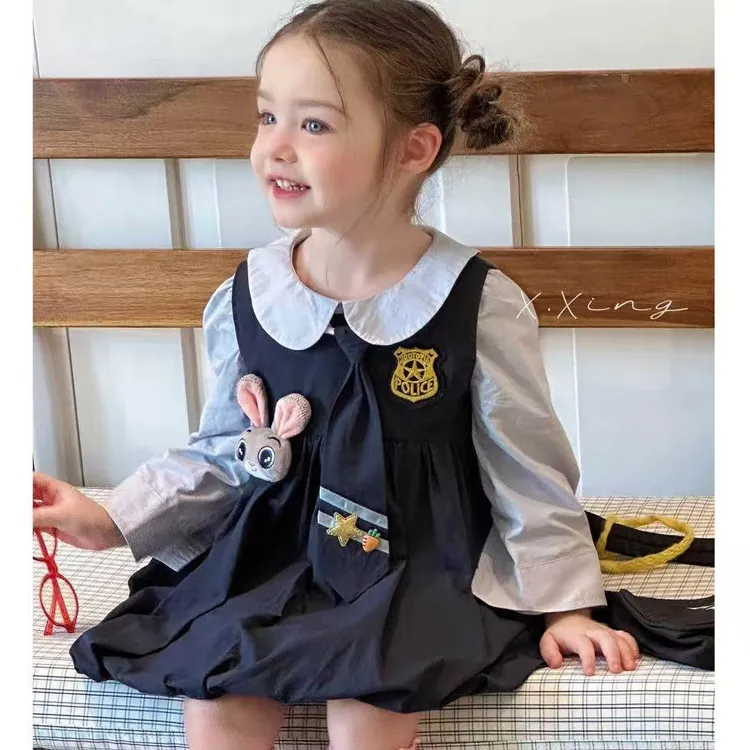 女童学院风套装2025秋洋气兔子警官秋娃娃领衬衫花苞连衣裙