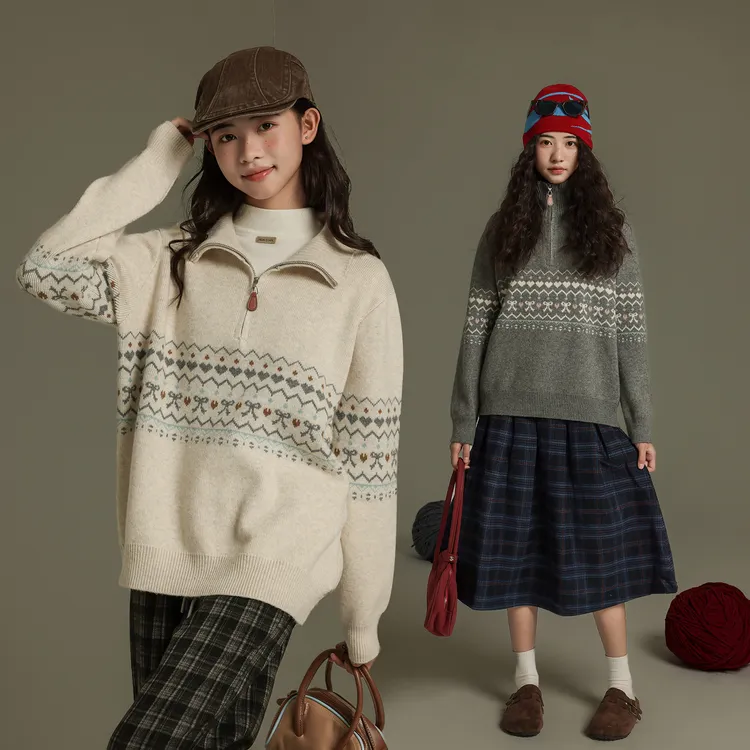 女大童半拉链提花毛衣冬季2025新款洋气初中生女孩针织衫冬装1006