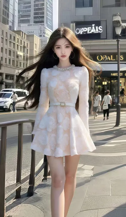 温柔甜美千金风白色圆领收腰长袖设计感连衣裙女时尚气质显瘦女装