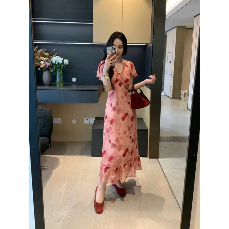 XINYI【蔷薇少女】夏季雪纺印花连衣裙收腰显瘦气质裙X625Q04824